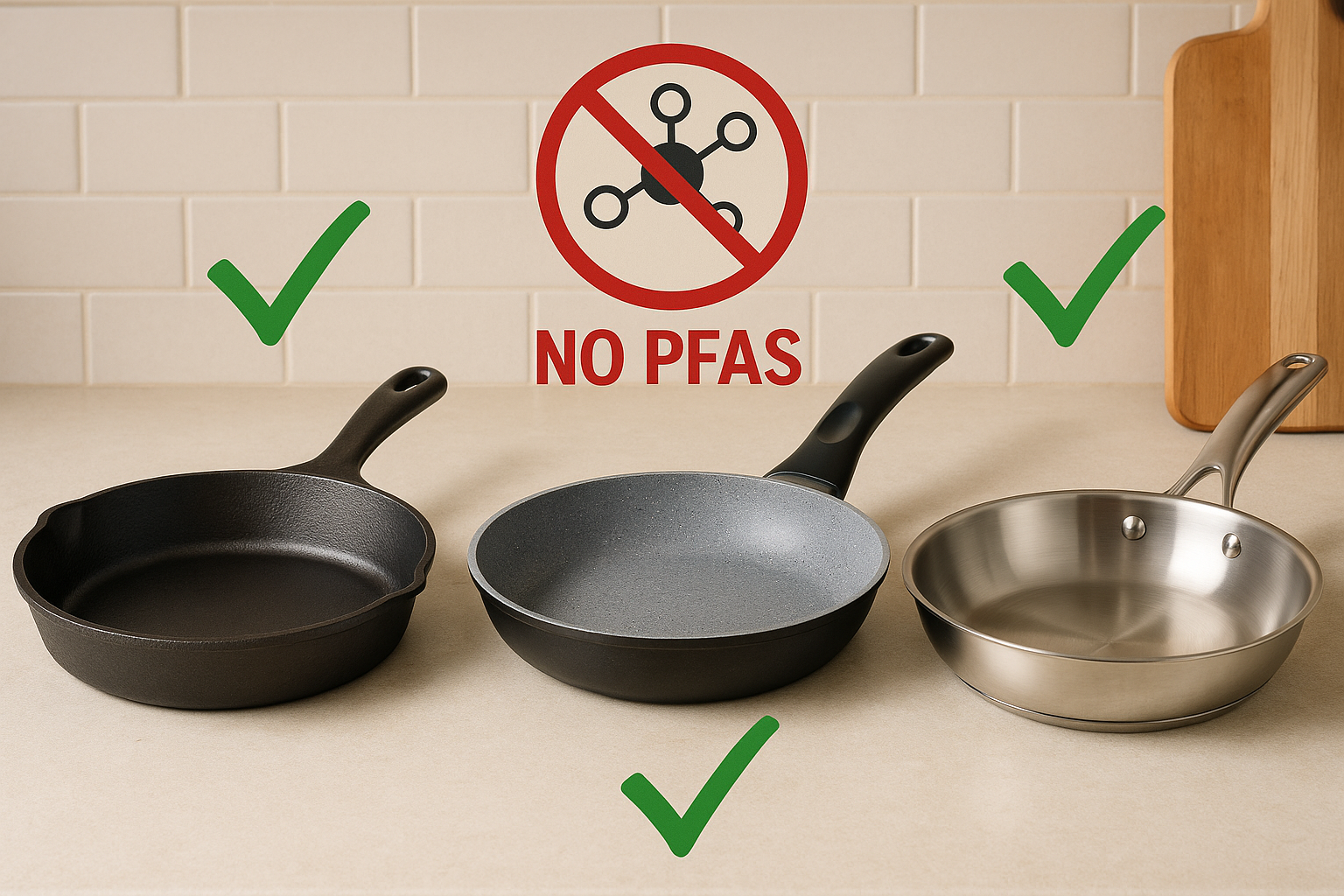 Tre padelle sicure senza PFAS: ghisa, ceramica e acciaio inox