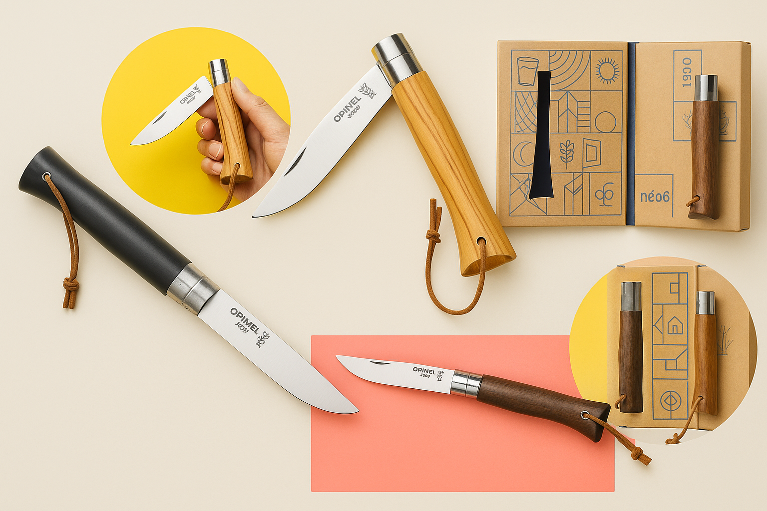 Composite di Opinel néo6 con tre varianti di manico (Olivo, Noce Nero, Ebano), in mano e davanti alla confezione originale, su sfondo neutro con inserti circolari colorati.