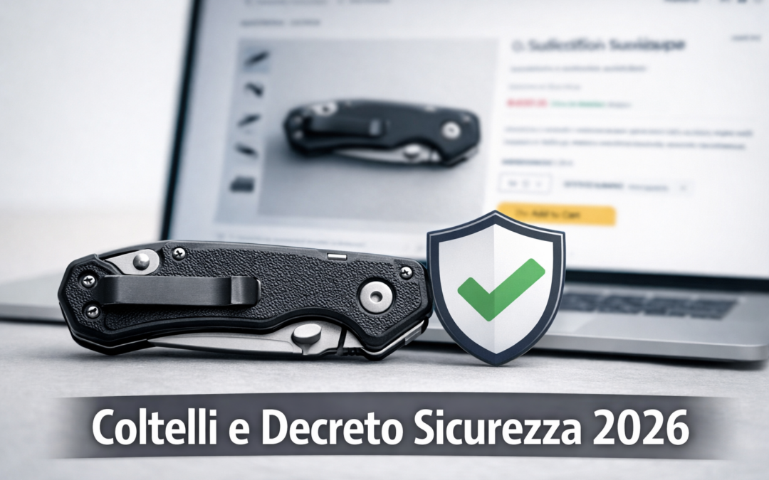 Coltello chiudibile chiuso con scudo sicurezza e schermata e-commerce, vendita online coltelli conforme decreto sicurezza 2026